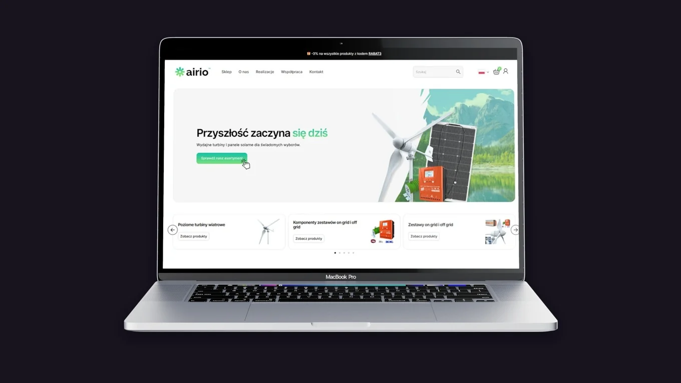 Strona Airio na ekranie laptopa
